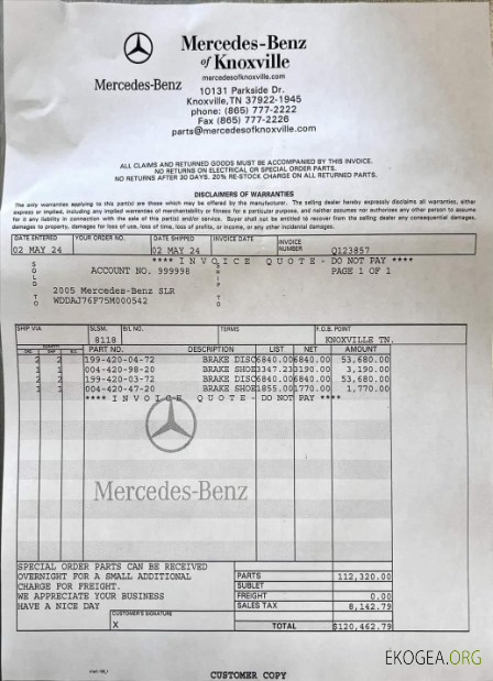 Reçu de paiement de service Mercedes, Benz